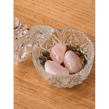 Sucrier cristal Quartz Rose et pétales de roses de Damas